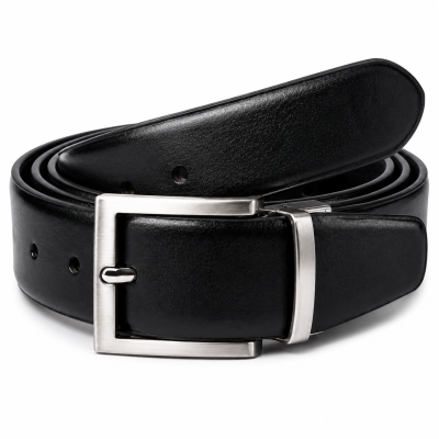 Men's Classic Black Leather Belt with Brushed Silver Buckle | Formal & Casual Belt