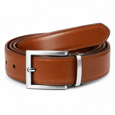 Men's Tan Brown Leather Belt with Brushed Silver Buckle | Classic Casual Belt